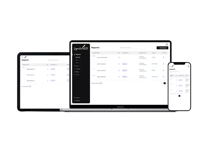Document management interface shown on desktop, tablet, and mobile devices